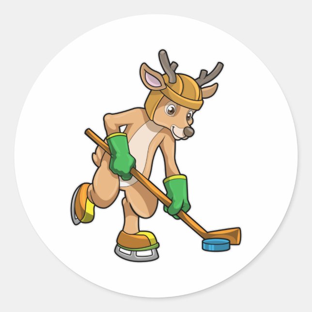 Reindeer at Ice hockey with Ice hockey stick Classic Round Sticker (Front)