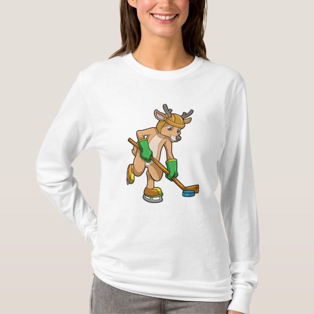 Reindeer at Ice hockey with Ice hockey stick T-Shirt (Front)