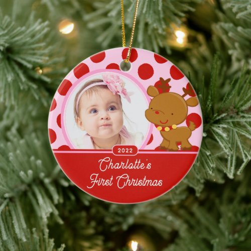 Reindeer Babys First Christmas Photo Ceramic Ornament