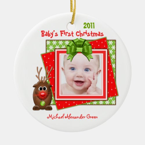 Reindeer Babys First Christmas Photo Ornament