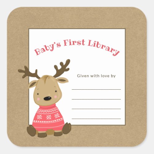 Reindeer babys first library bookplate