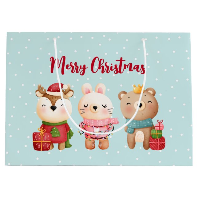Reindeer, Bear & Rabbit Merry Christmas Large Gift Bag (Front)