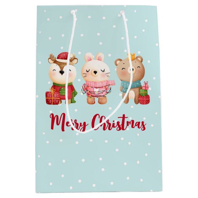 Reindeer, Bear & Rabbit Merry Christmas Medium Gift Bag (Front)