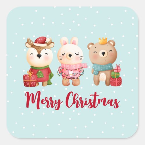 Reindeer Bear  Rabbit Merry Christmas Square Sticker
