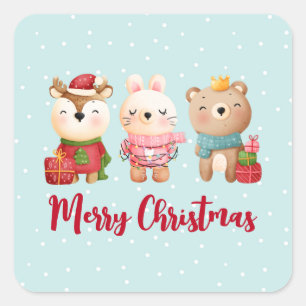 Reindeer, Bear & Rabbit Merry Christmas Square Sticker