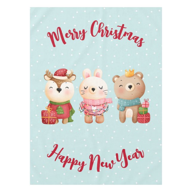 Reindeer, Bear & Rabbit Merry Christmas Tablecloth (Front)