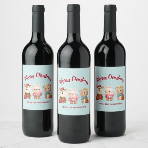 Reindeer Bear  Rabbit Merry Christmas Wine Label