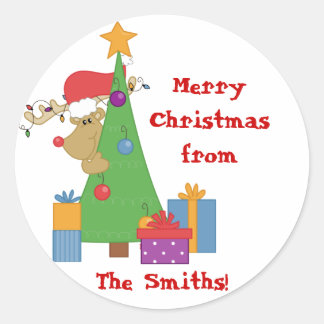 Reindeer_Behind_Tree Classic Round Sticker