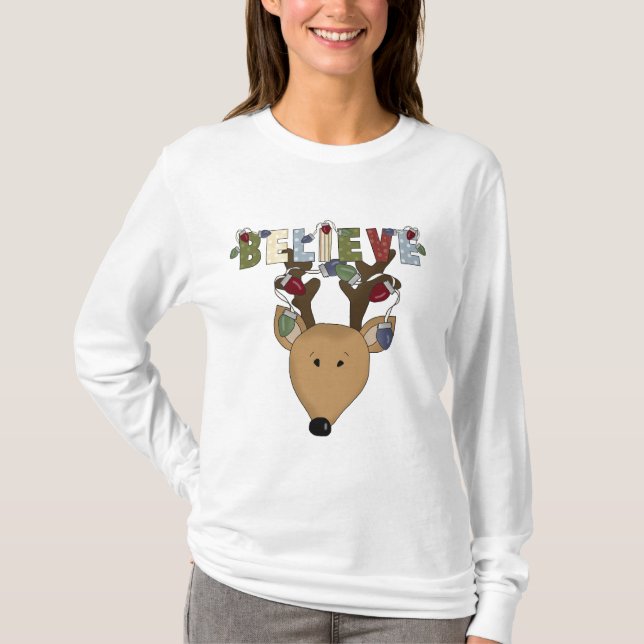 Reindeer Believe Holiday Christmas Cute T-Shirt (Front)