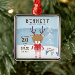 Reindeer Birth Stats Baby's 1st Christmas Metal Ornament