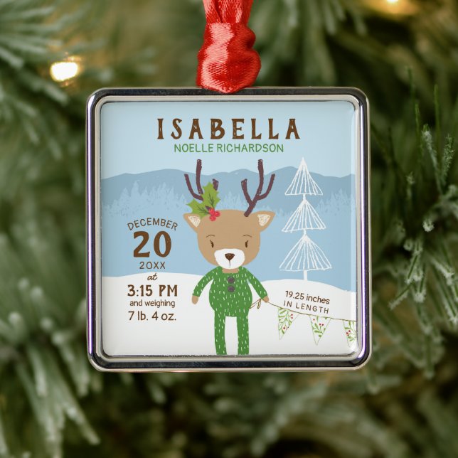 Reindeer Birth Stats Baby's 1st Christmas Metal Ornament (Tree)