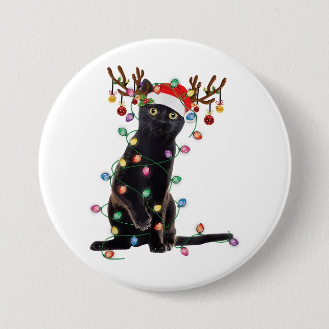 Reindeer Black Cat Christmas Lights Funny Cat Love Button (Front)