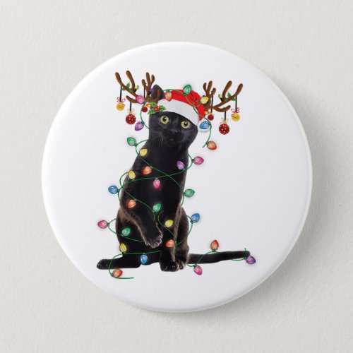 Reindeer Black Cat Christmas Lights Funny Cat Love Button