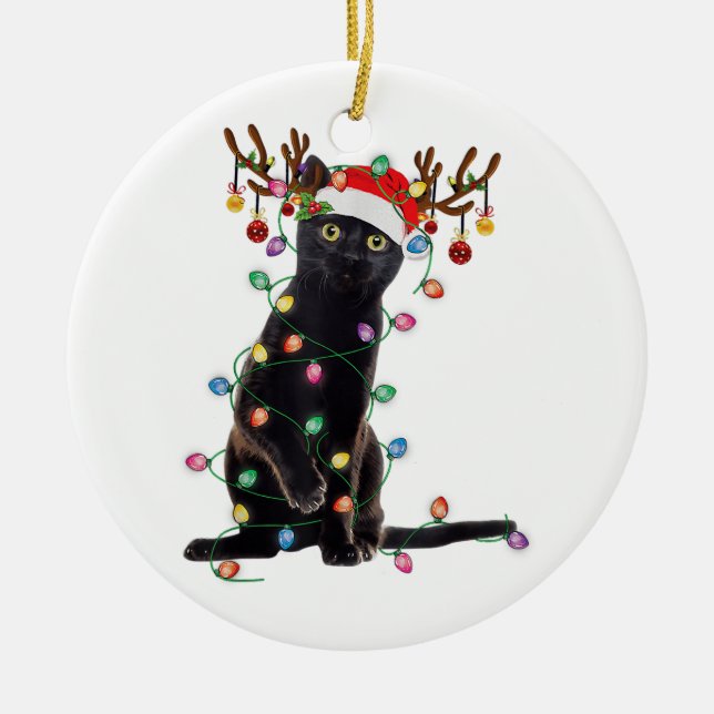 Reindeer Black Cat Christmas Lights Funny Cat Love Ceramic Ornament (Front)