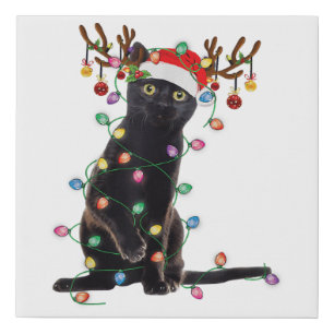 Reindeer Black Cat Christmas Lights Funny Cat Love Faux Canvas Print