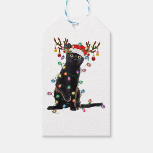 Reindeer Black Cat Christmas Lights Funny Cat Love Gift Tags