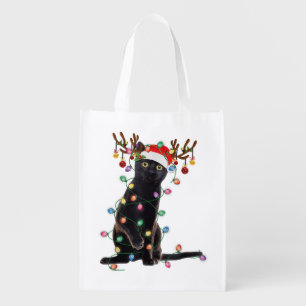 Reindeer Black Cat Christmas Lights Funny Cat Love Grocery Bag