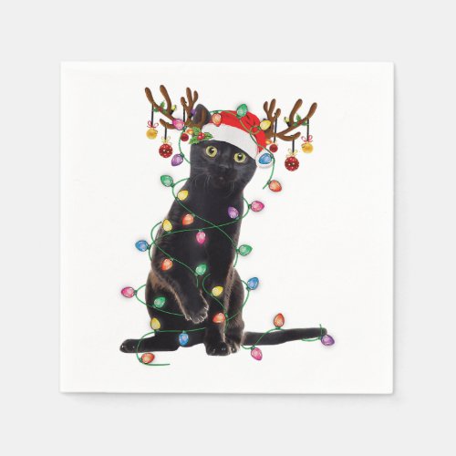 Reindeer Black Cat Christmas Lights Funny Cat Love Napkins