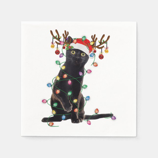 Reindeer Black Cat Christmas Lights Funny Cat Love Napkins (Front)