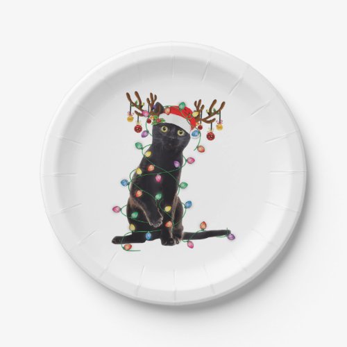 Reindeer Black Cat Christmas Lights Funny Cat Love Paper Plates