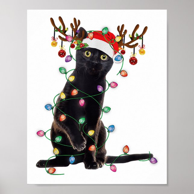 Reindeer Black Cat Christmas Lights Funny Cat Love Poster (Front)
