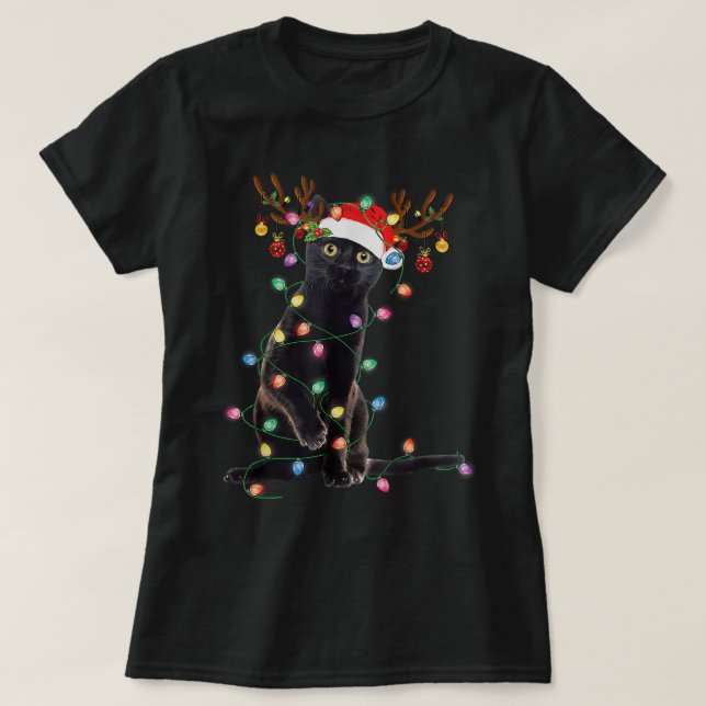 Reindeer Black Cat Christmas Lights Funny Cat Love T-Shirt (Design Front)