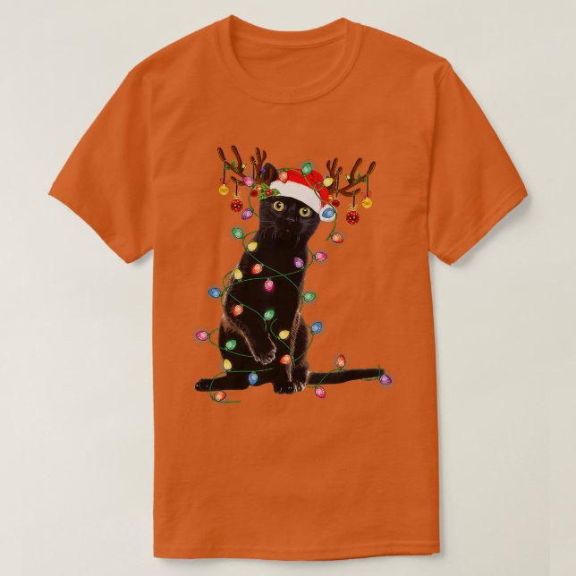 Reindeer Black Cat Christmas Lights Funny Cat Love T-Shirt (Design Front)