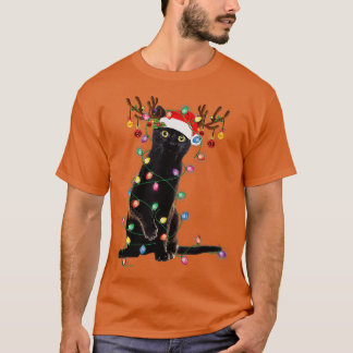 Reindeer Black Cat Christmas Lights Funny Cat Love T-Shirt