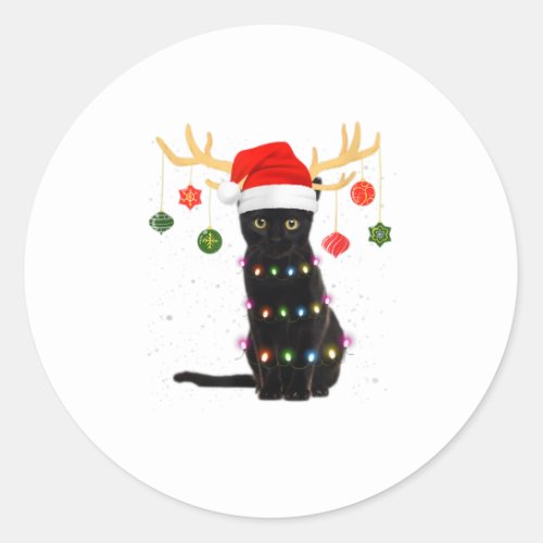 Reindeer Black Cat Santa Hat Christmas L Classic Round Sticker