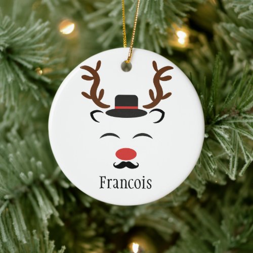 Reindeer black hat mustache personalized holiday  ceramic ornament