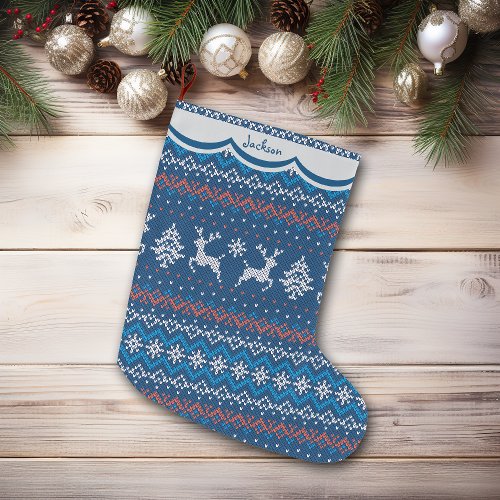 Reindeer Blue Nordic Pattern Large Christmas Stocking