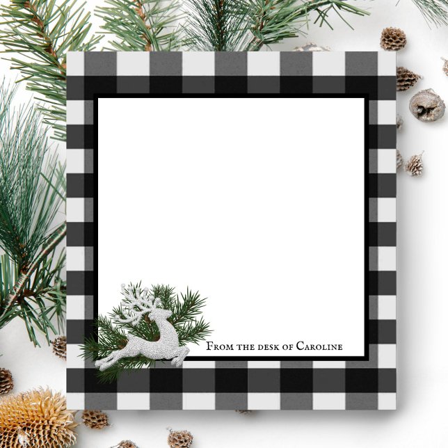 Reindeer Buffalo Plaid Personalized | Black White Notepad (Black and White Reindeer Buffalo Plaid Personalized Notepad)