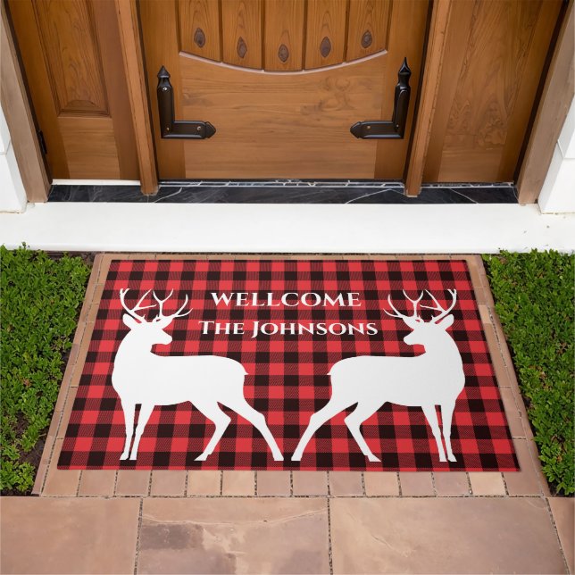 Reindeer Buffalo Plaid Red & Black Tartan Pattern Doormat (Outdoor)