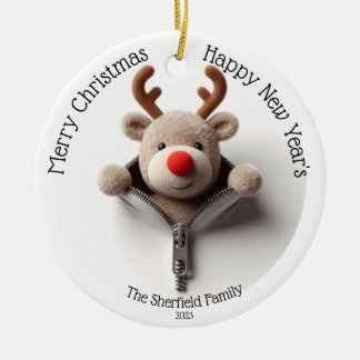 Reindeer- Busted Zipper Personalized Christmas Ceramic Ornament