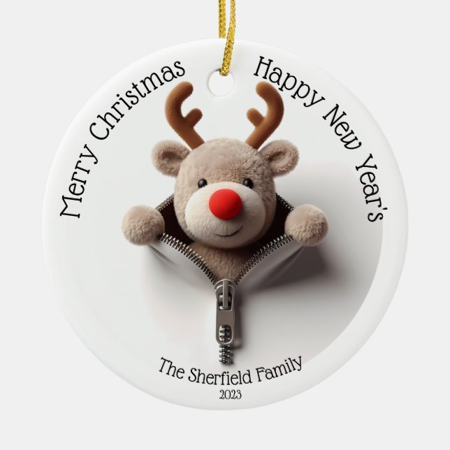 Reindeer- Busted Zipper Personalized Christmas Ceramic Ornament (Front)