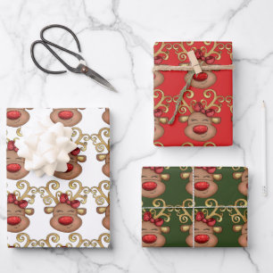 Reindeer cartoon face sparkly red nose gold horns wrapping paper sheets