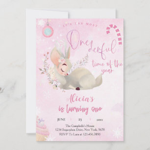 Reindeer Christmas 1st Birthday pink Winter Deer Invitation
