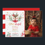 Reindeer Christmas 1st Birthday Red Winter Deer Invitation<br><div class="desc">Reindeer Christmas 1st Birthday Red Winter Deer Invitation</div>