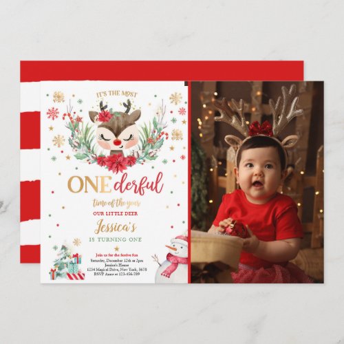 Reindeer Christmas 1st Birthday Red Winter Deer Invitation