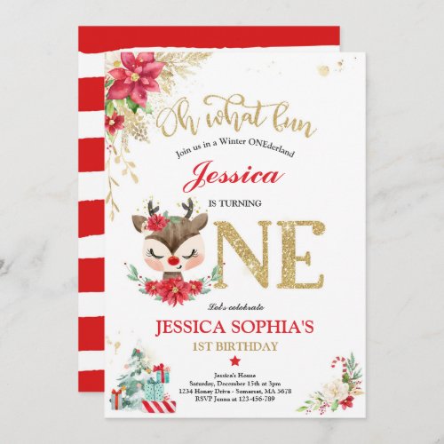 Reindeer Christmas 1st Birthday Red Winter Deer Invitation