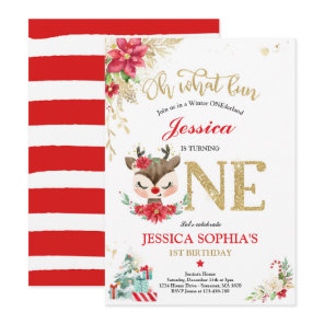 Reindeer Christmas 1st Birthday Red Winter Deer Invitation