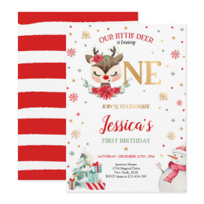 Reindeer Christmas 1st Birthday Red Winter Deer Invitation