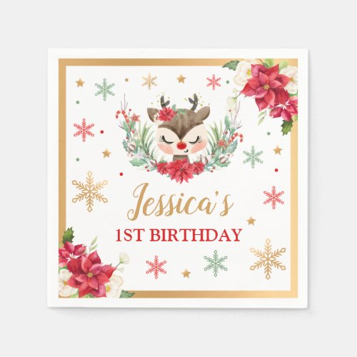 Reindeer Christmas 1st Birthday Red Winter Deer Napkins