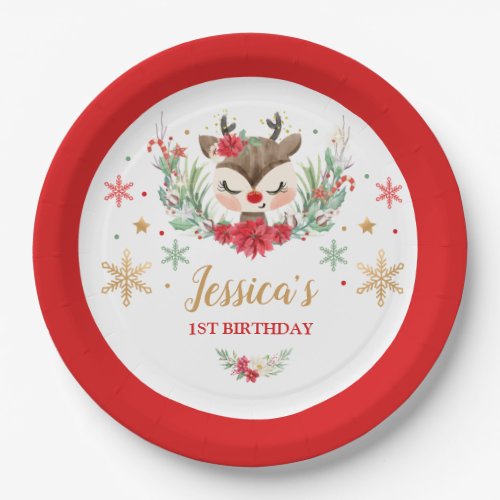 Reindeer Christmas 1st Birthday Red Winter Deer Paper Plates