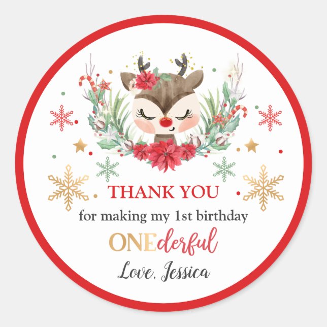 Reindeer Christmas 1st Birthday Winter Deer Favor Classic Round Sticker (Front)
