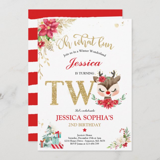 Reindeer Christmas 2nd Birthday Red Winter Deer Invitation (Front/Back)