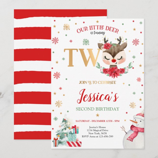 Reindeer Christmas 2nd Birthday Red Winter Deer Invitation (Front/Back)
