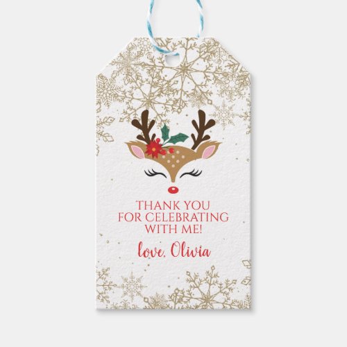 Reindeer christmas birthday gold snowflakes favor gift tags