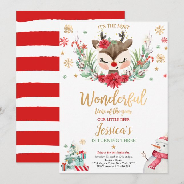 Reindeer Christmas Birthday Party Red Winter Deer Invitation (Front/Back)