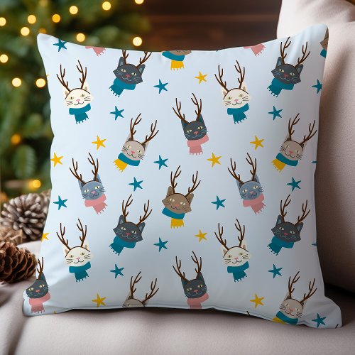 Reindeer Christmas Cats Festive Holiday Throw Pillow
